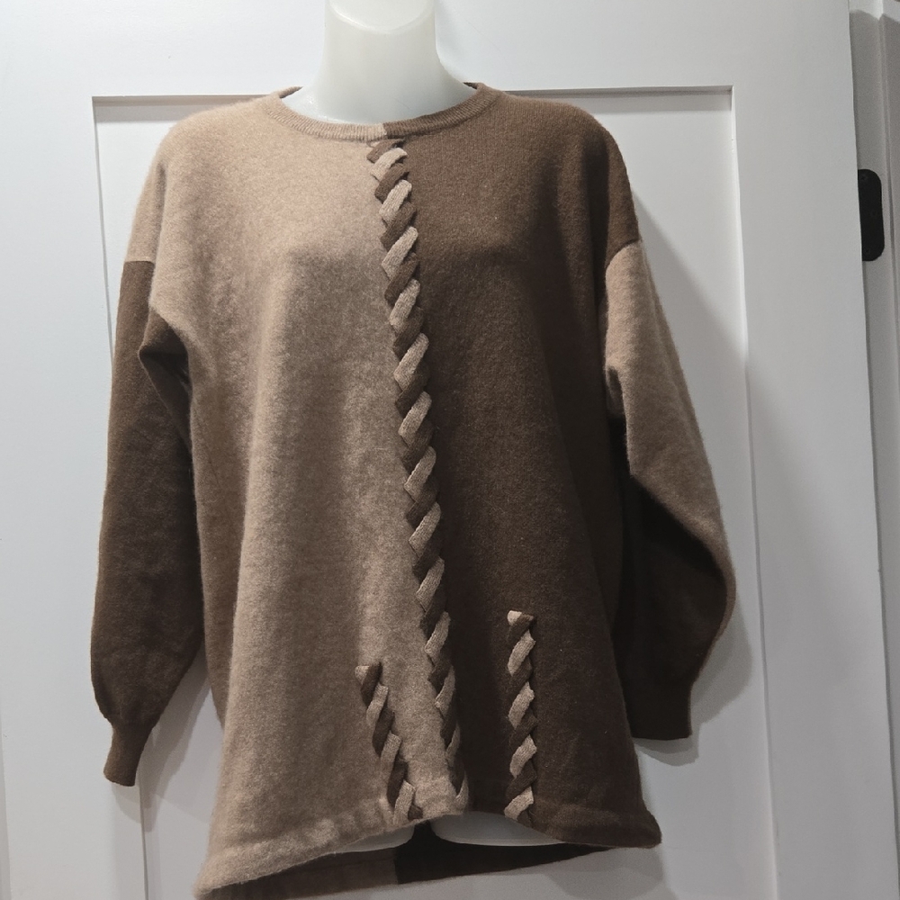 Elegant Two-Tone Brown Italian Cashmere Sweater, L